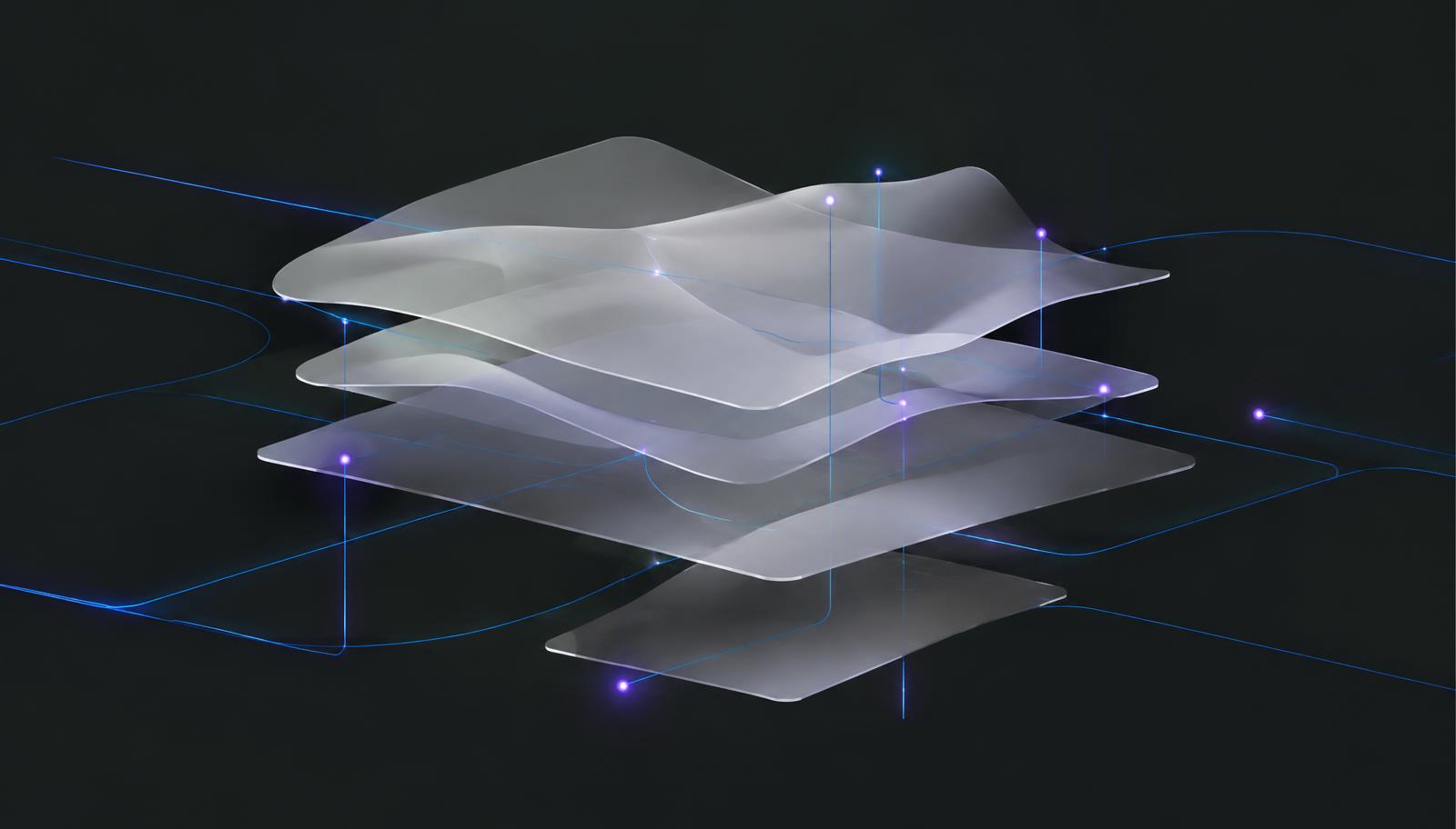 Layered translucent planes representing cloud infrastructure, linked by blue lines