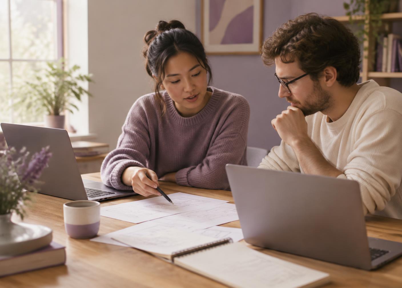 Two colleagues discussing wireframes for a web interface