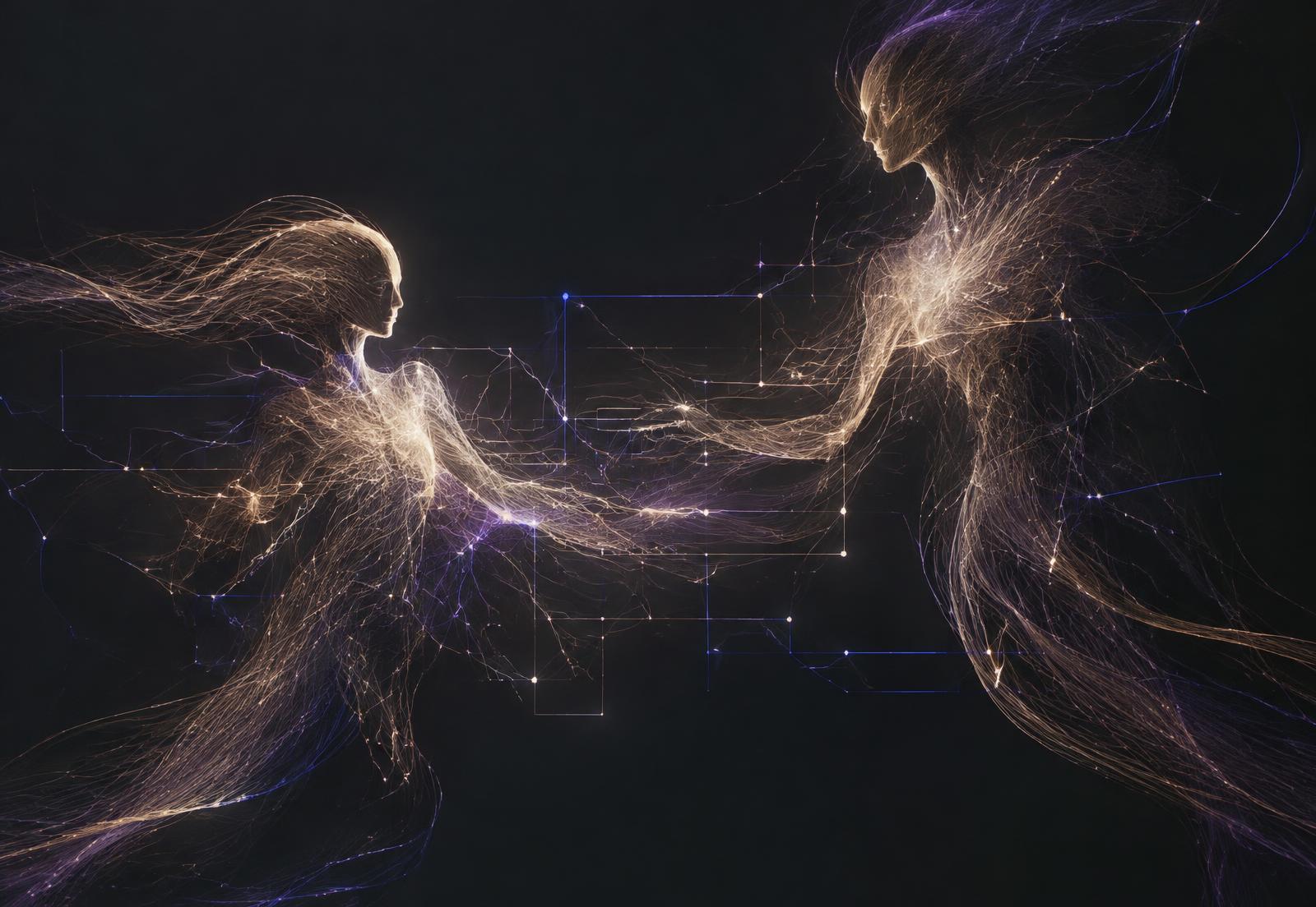 Two abstract figures made of glowing threads reaching toward each other across a circuit lattice