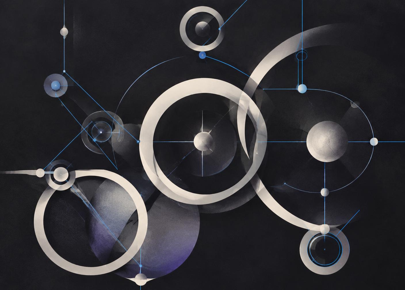 Abstract interlocking rings joined by fine connecting lines